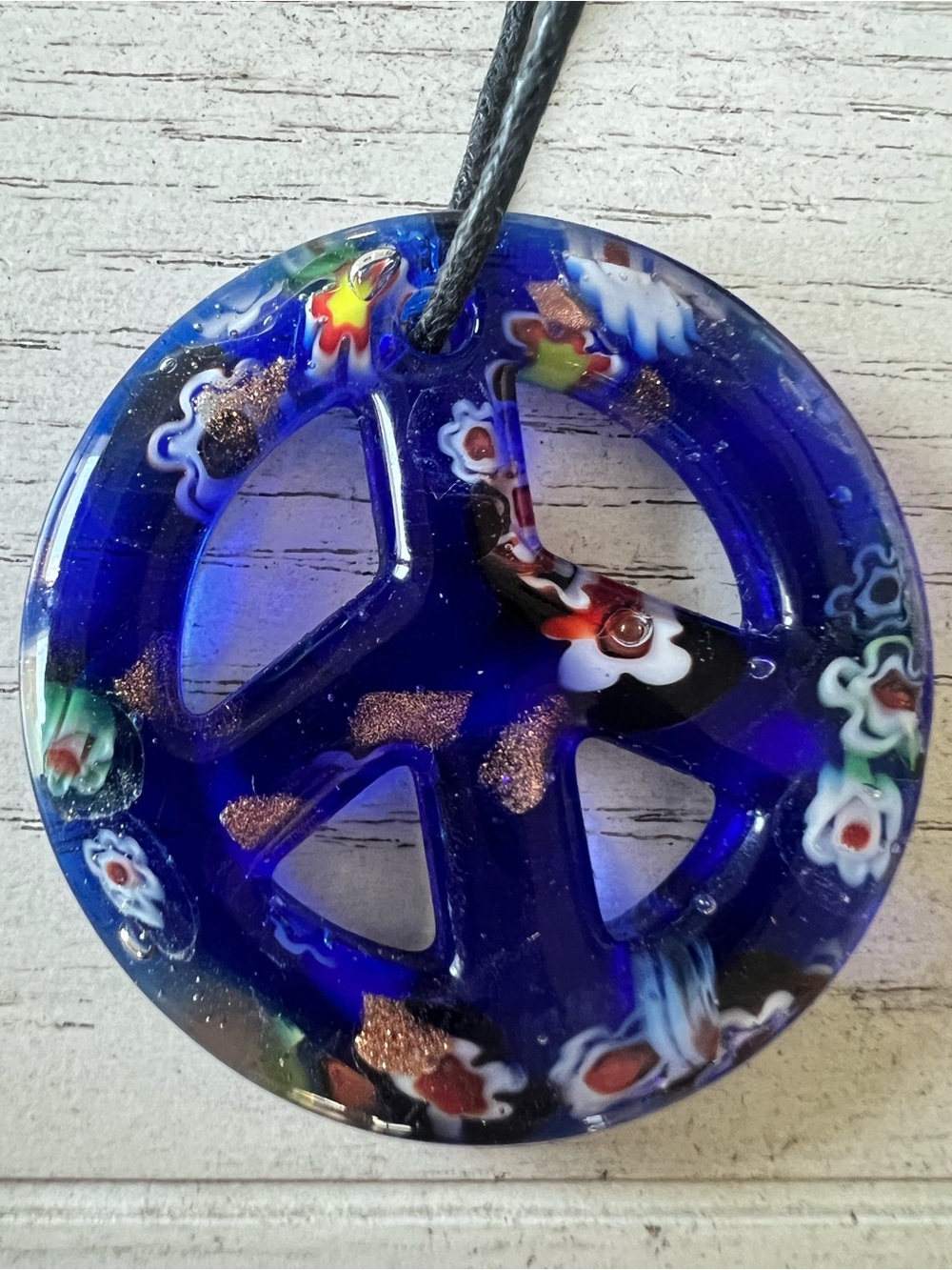 Blue Vintage Murano Millefiori Glass Peace Sign Pendant Necklace On Leather Cord View 2